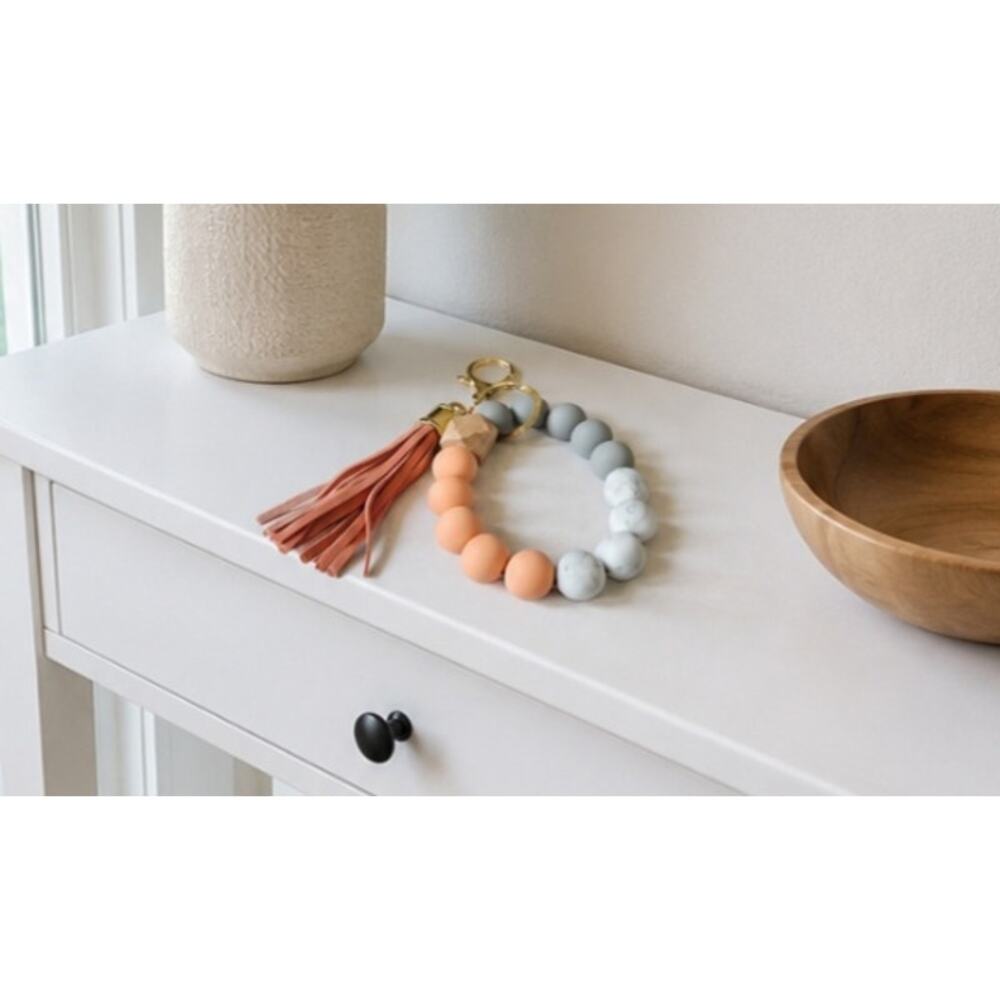 Silicone Gray Peach Beaded Wristlet Key Chain New